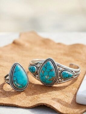 10 Turquoise Teardrop Stone Silver Cuff & Ring Sets - Blue for $15